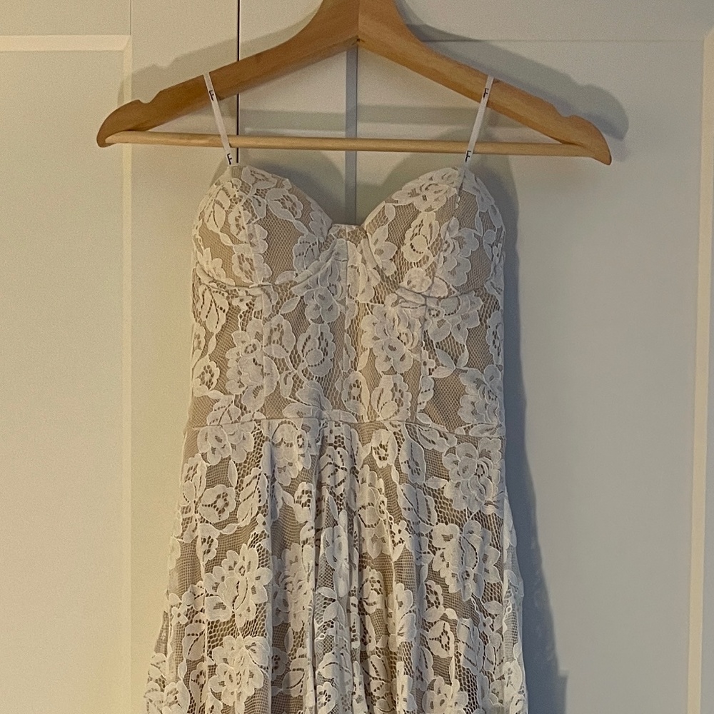 Lulu’s Wedding Dress Dream Lasts Forever White Lace Bustier Strapless Maxi Dress